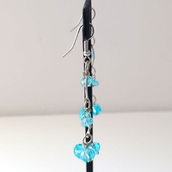 Glass Beaded Chandelier Earrings Aqua Ocean Blue Silver Tone Faceted Dangle - Picture 6 of 16